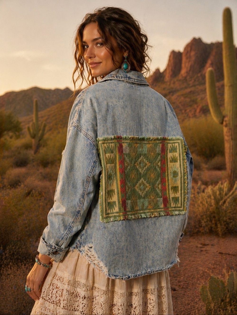 Upcycled Southwestern Zara Jean Jacket Size L Distressed Light Wash Tapestry